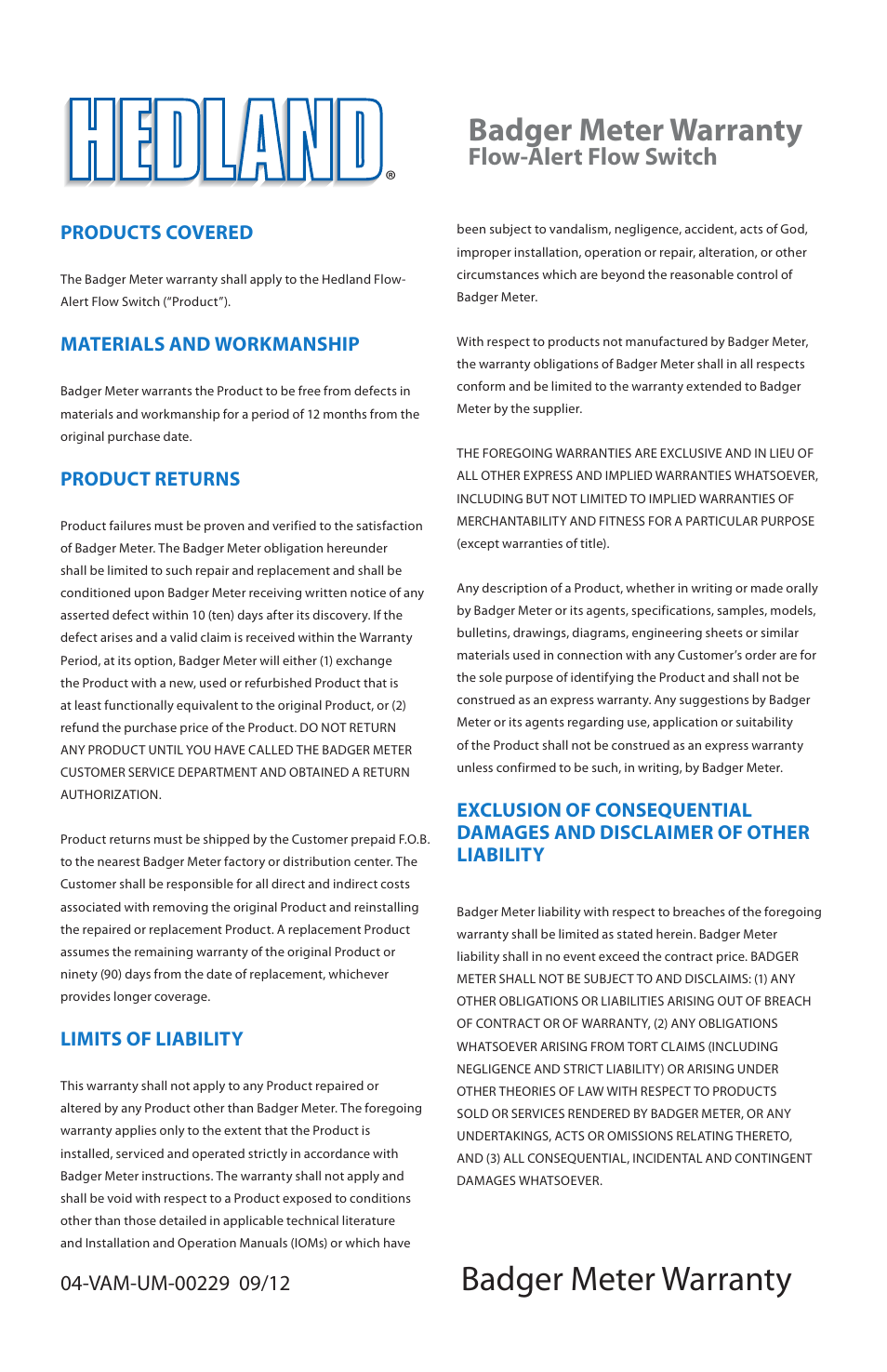 Badger meter warranty, Flow-alert flow switch | Badger Meter Flow-Alert Reed Switch User Manual | Page 27 / 28