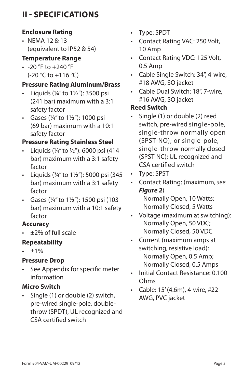 Ii - specifications | Badger Meter Flow-Alert Reed Switch User Manual | Page 3 / 28