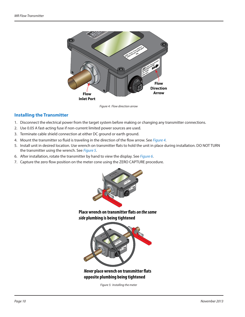 Installing the transmitter, Flow inlet port flow direction arrow, Figure 4: flow direction arrow | Figure 5: installing the meter | Badger Meter MR Transmitter User Manual | Page 10 / 36