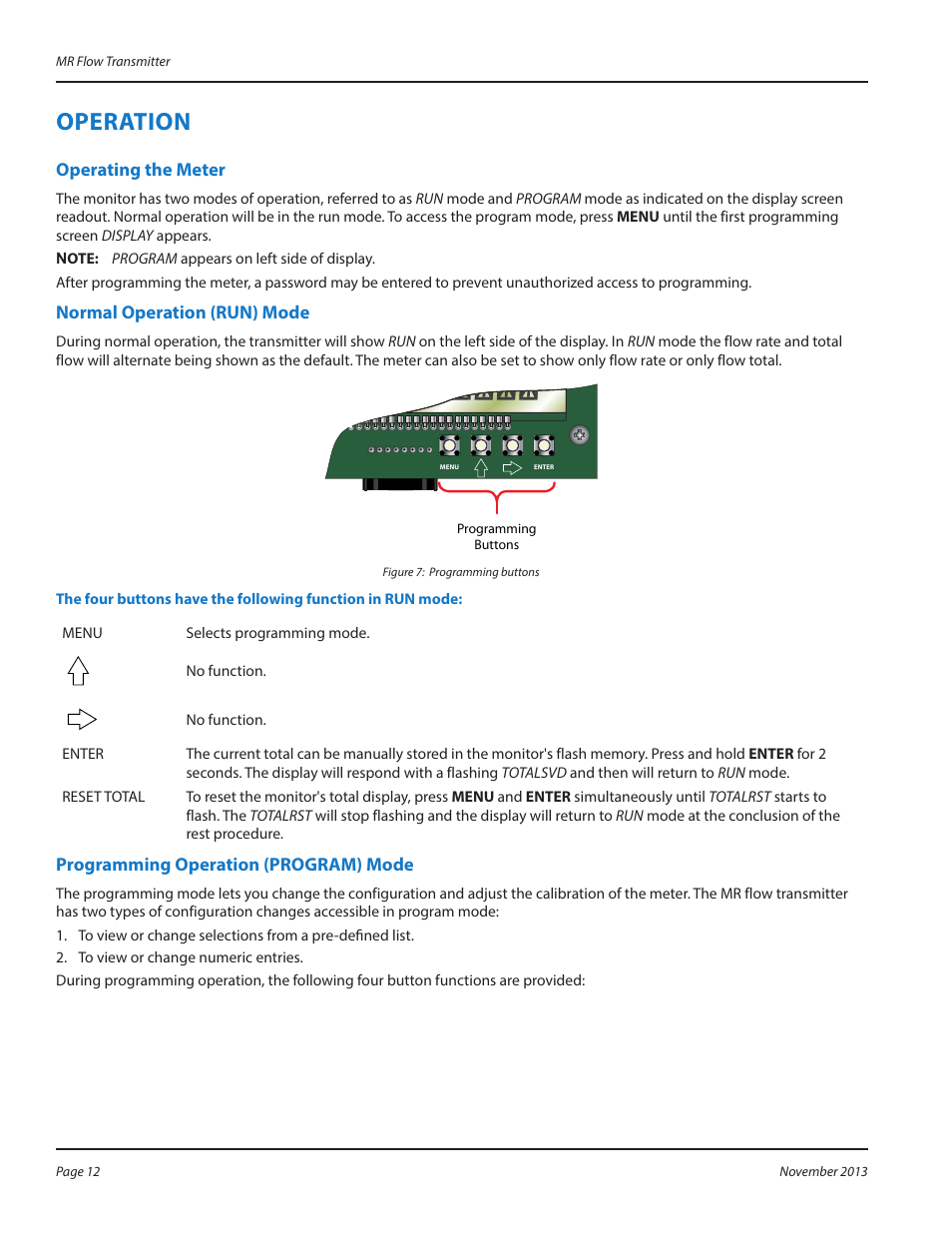 Operation, Operating the meter, Normal operation (run) mode | Programming operation (program) mode | Badger Meter MR Transmitter User Manual | Page 12 / 36