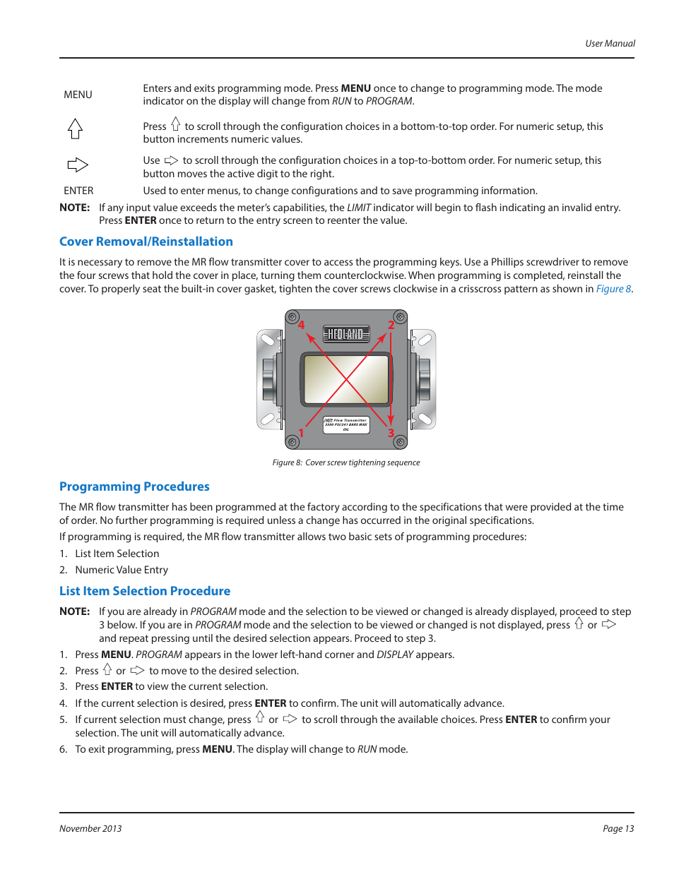 Cover removal/reinstallation, Programming procedures, List item selection procedure | Badger Meter MR Transmitter User Manual | Page 13 / 36