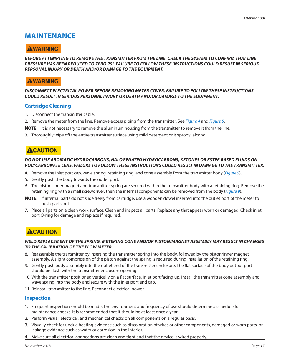 Maintenance, Cartridge cleaning, Inspection | Cartridge cleaning inspection | Badger Meter MR Transmitter User Manual | Page 17 / 36