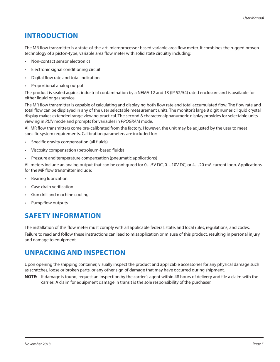 Introduction, Safety information, Unpacking and inspection | Badger Meter MR Transmitter User Manual | Page 5 / 36