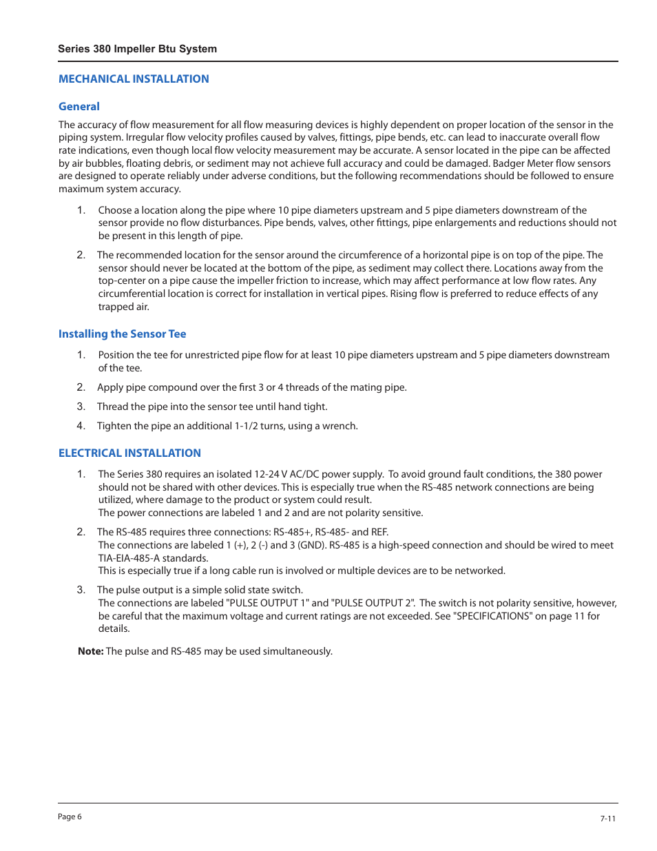 Mechanical installation, General, Installing the sensor tee | Electrical installation | Badger Meter 380 Series Btu System User Manual | Page 6 / 14