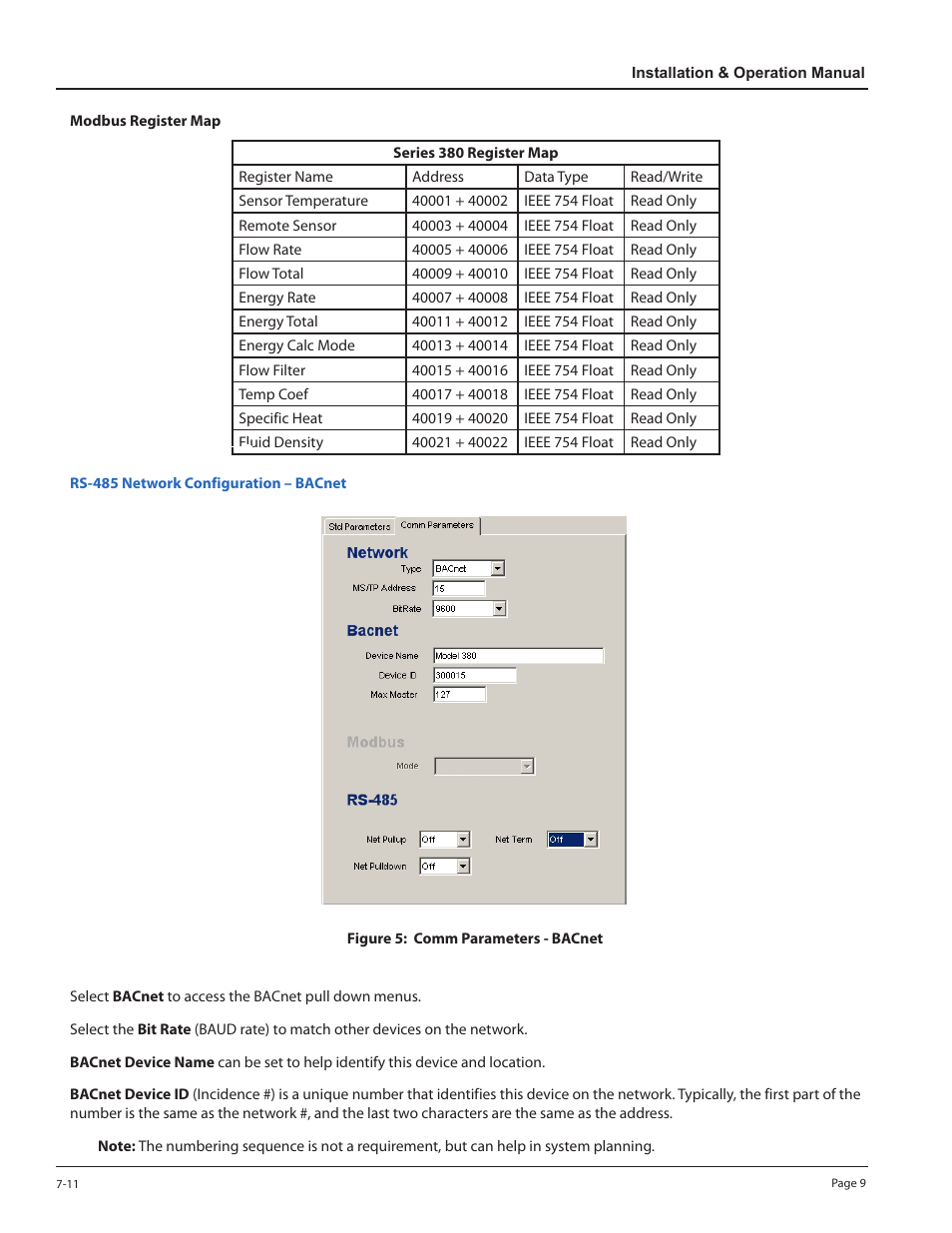 Rs-485 network configuration – bacnet | Badger Meter 380 Series Btu System User Manual | Page 9 / 14