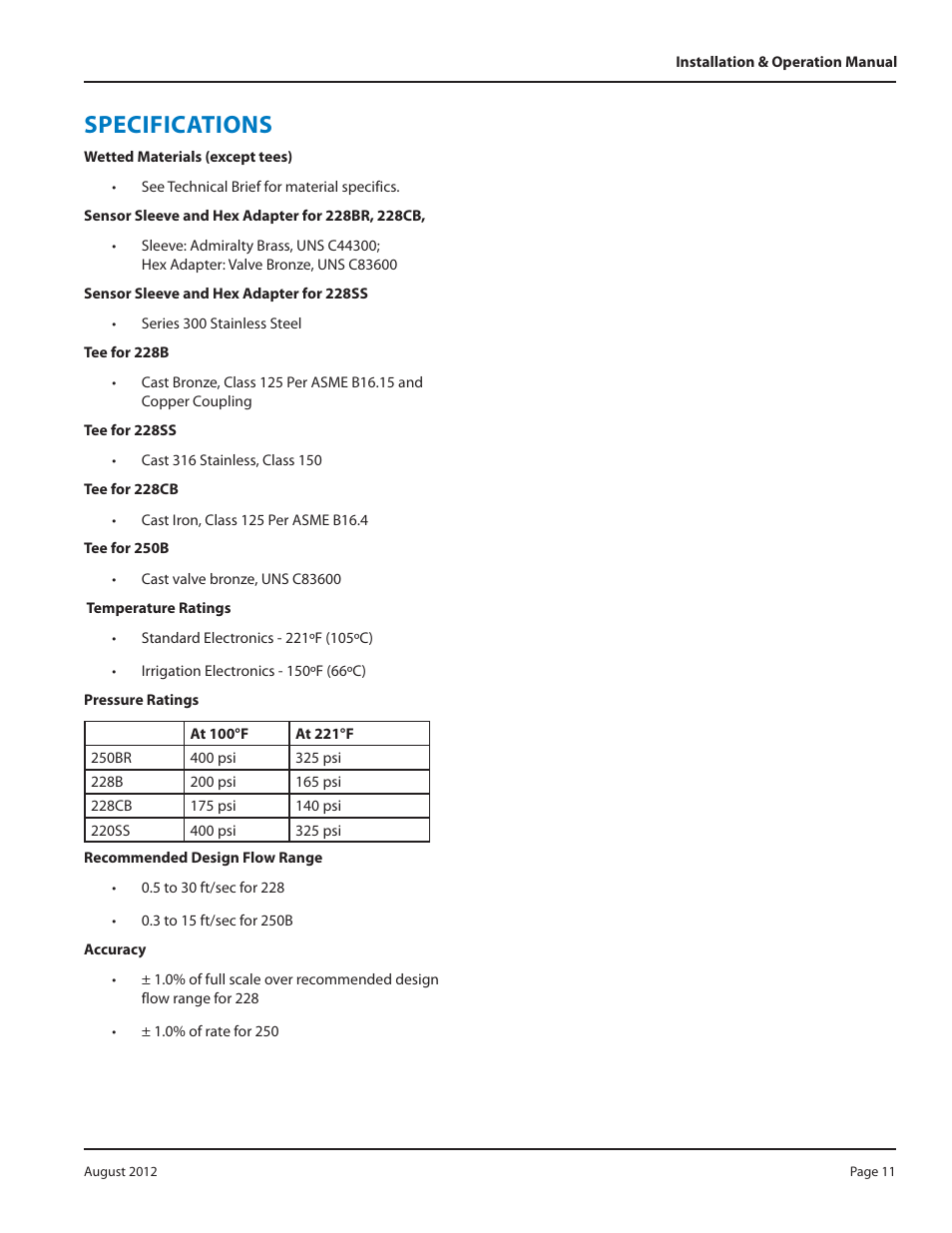 Specifications | Badger Meter Irrigation Sensors - 1/2 and larger" User Manual | Page 11 / 16