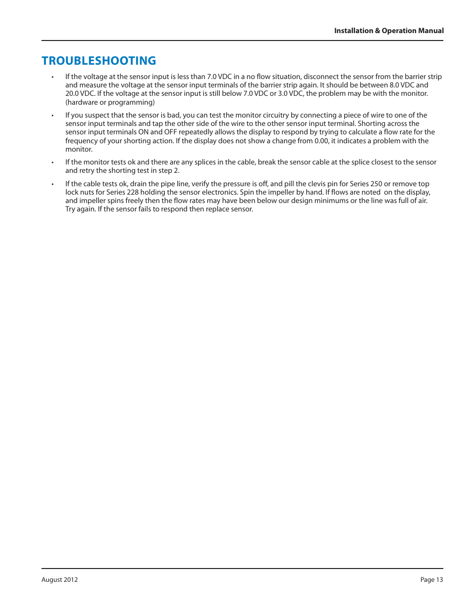 Troubleshooting | Badger Meter Irrigation Sensors - 1/2 and larger" User Manual | Page 13 / 16