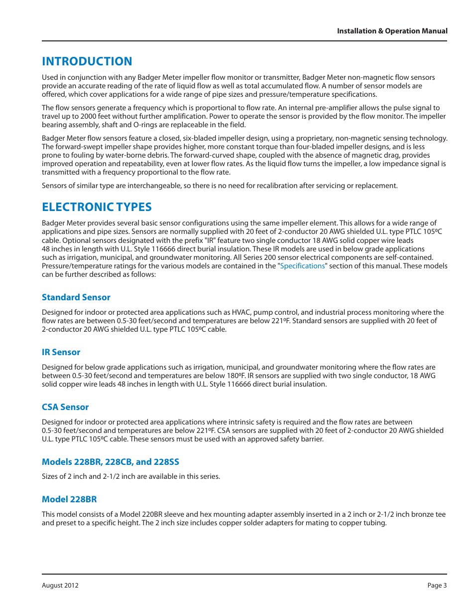 Introduction, Electronic types | Badger Meter Irrigation Sensors - 1/2 and larger" User Manual | Page 3 / 16