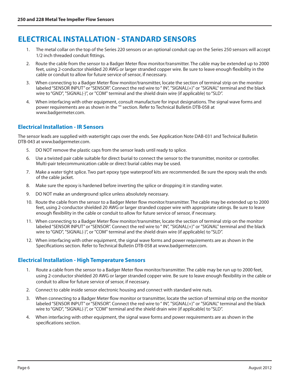 Electrical installation - standard sensors | Badger Meter Irrigation Sensors - 1/2 and larger" User Manual | Page 6 / 16