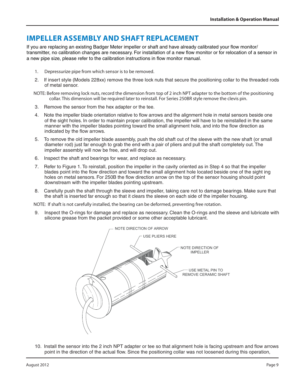 Impeller assembly and shaft replacement | Badger Meter Irrigation Sensors - 1/2 and larger" User Manual | Page 9 / 16