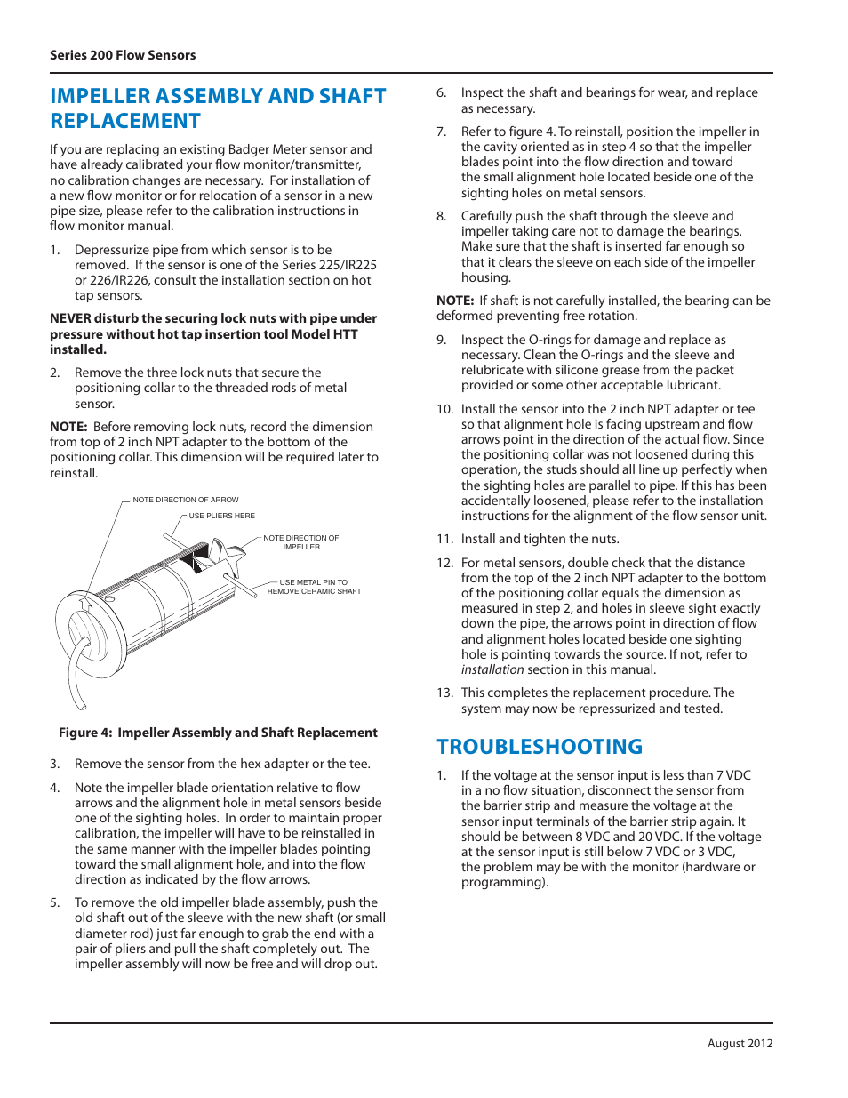 Impeller assembly and shaft replacement, Troubleshooting | Badger Meter Irrigation Sensors - 1/2 and larger" User Manual | Page 12 / 16
