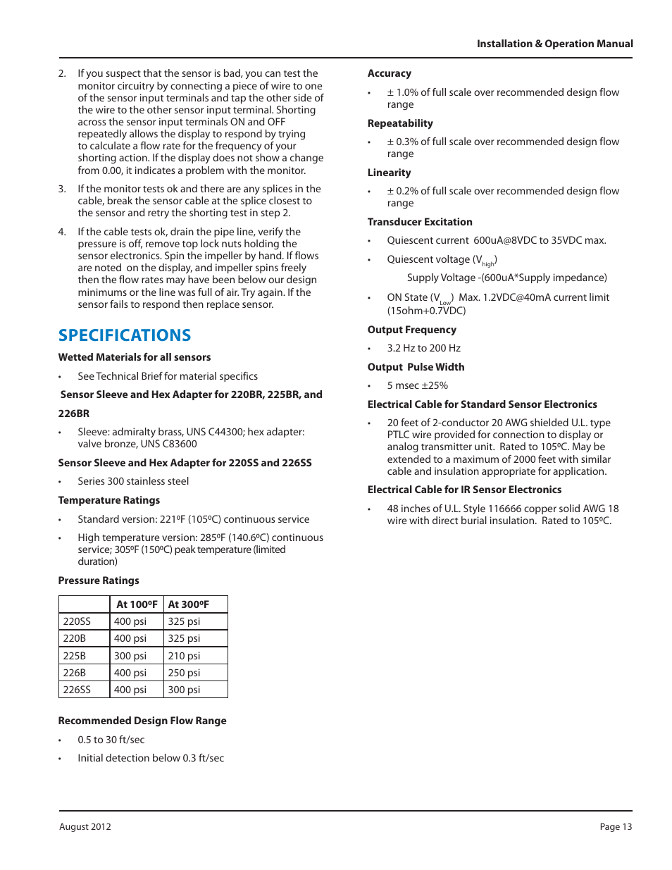 Specifications | Badger Meter Irrigation Sensors - 1/2 and larger" User Manual | Page 13 / 16