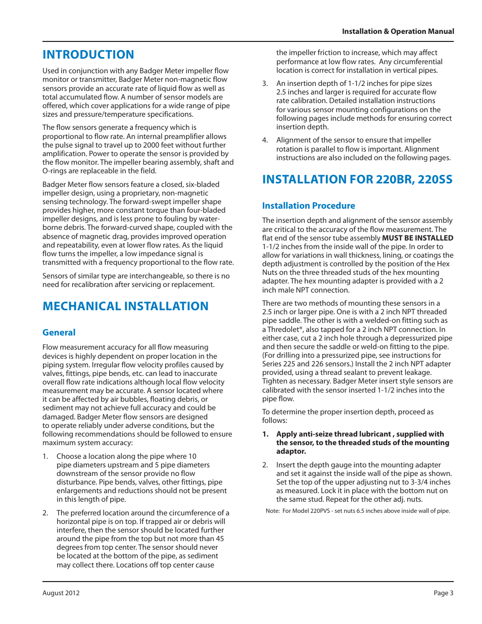 Introduction, Mechanical installation | Badger Meter Irrigation Sensors - 1/2 and larger" User Manual | Page 3 / 16