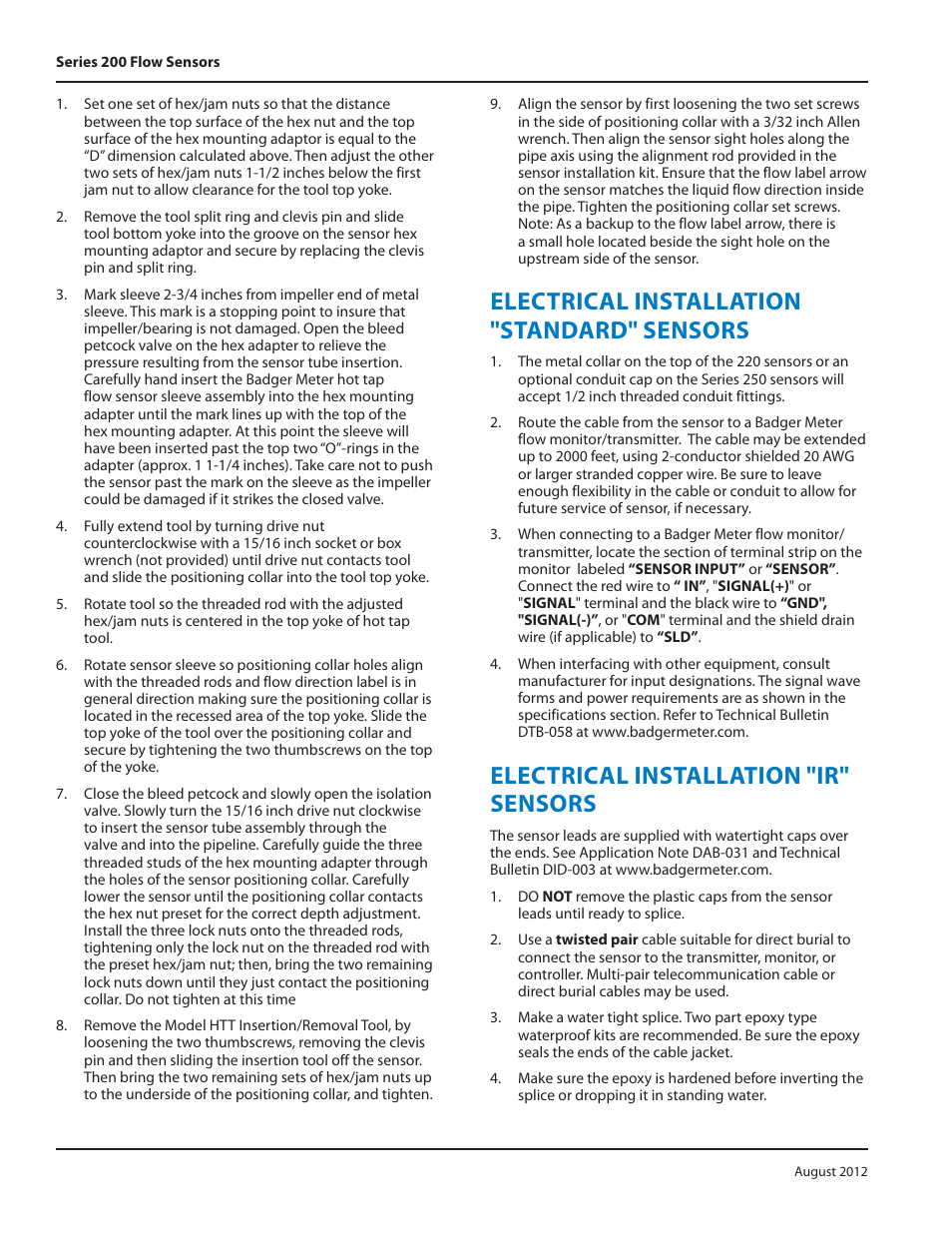 Electrical installation "standard" sensors, Electrical installation "ir" sensors | Badger Meter Irrigation Sensors - 1/2 and larger" User Manual | Page 6 / 16