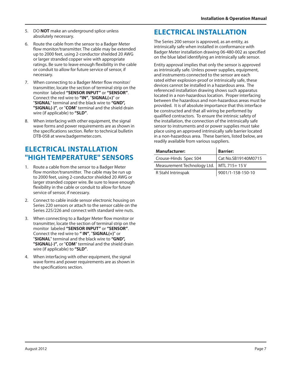 Electrical installation "high temperature" sensors, Electrical installation | Badger Meter Irrigation Sensors - 1/2 and larger" User Manual | Page 7 / 16