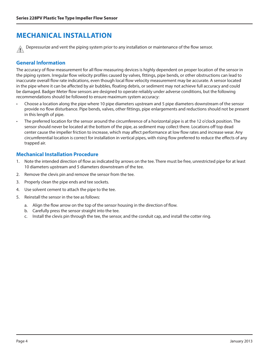 Mechanical installation, General information, Mechanical installation procedure | Badger Meter PVC Tee - 1 1/2 to 4"" User Manual | Page 4 / 12