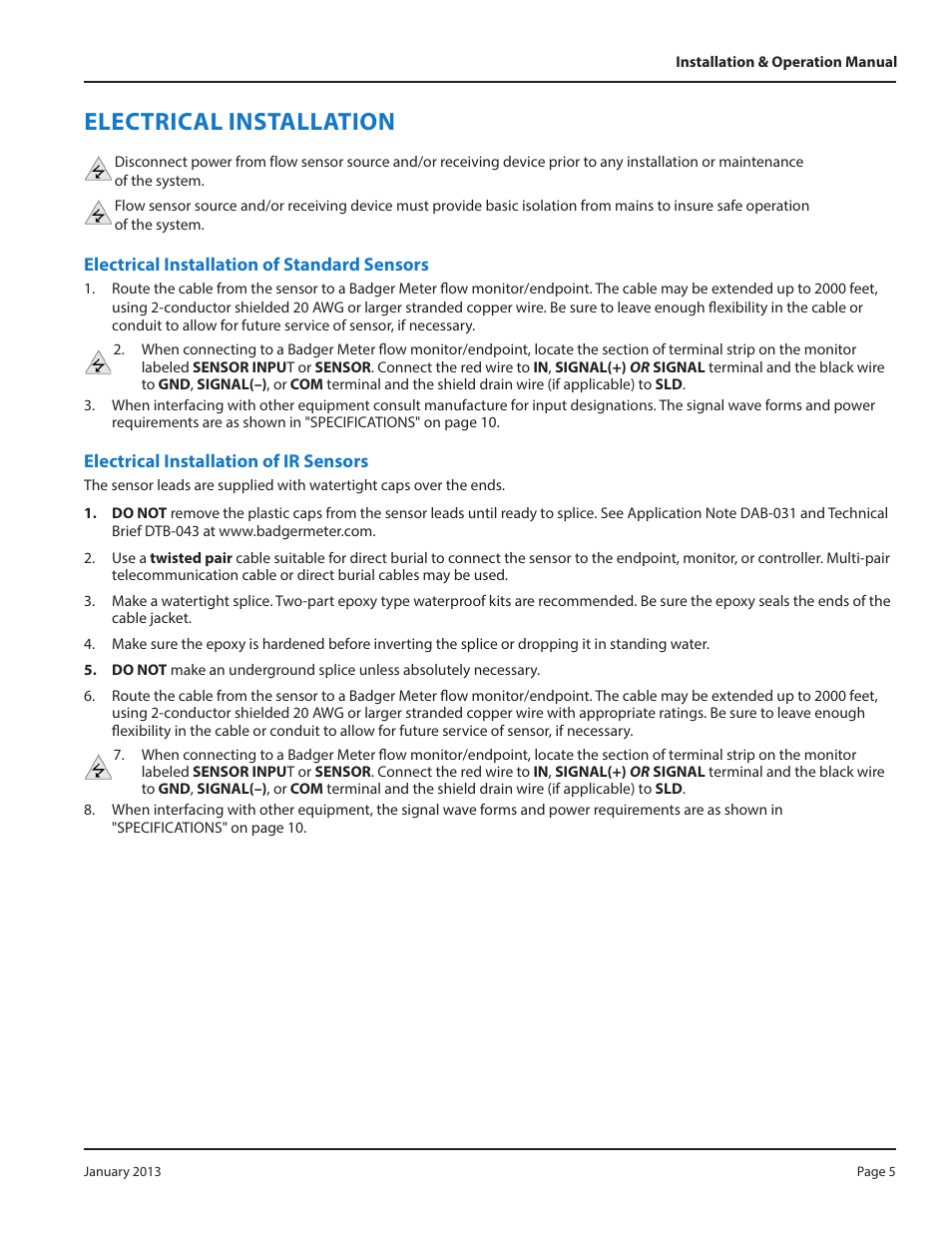 Electrical installation, Electrical installation of standard sensors, Electrical installation of ir sensors | Badger Meter PVC Tee - 1 1/2 to 4"" User Manual | Page 5 / 12