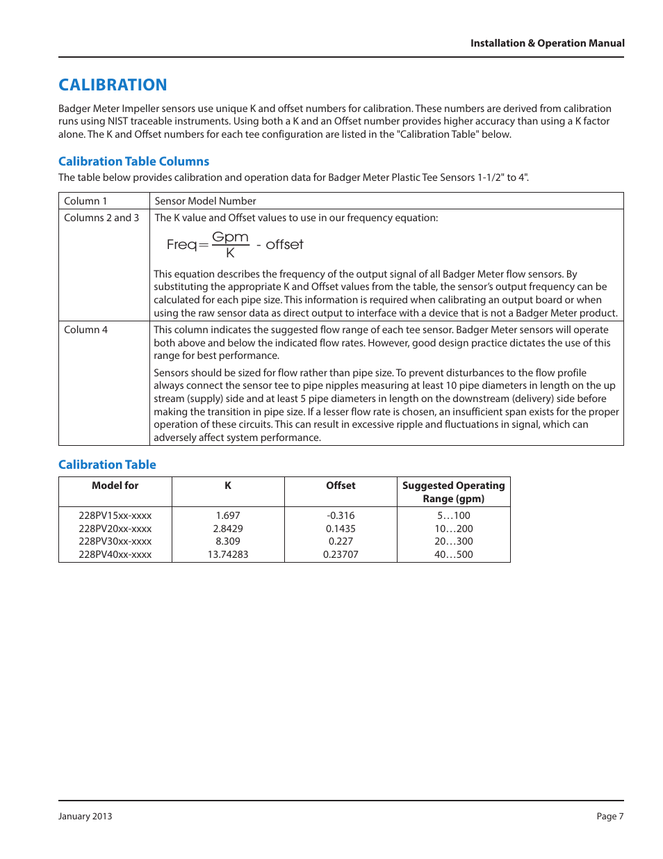 Calibration, Calibration table columns, Calibration table | Calibration table columns calibration table, Freq= gpm k - offset | Badger Meter PVC Tee - 1 1/2 to 4"" User Manual | Page 7 / 12