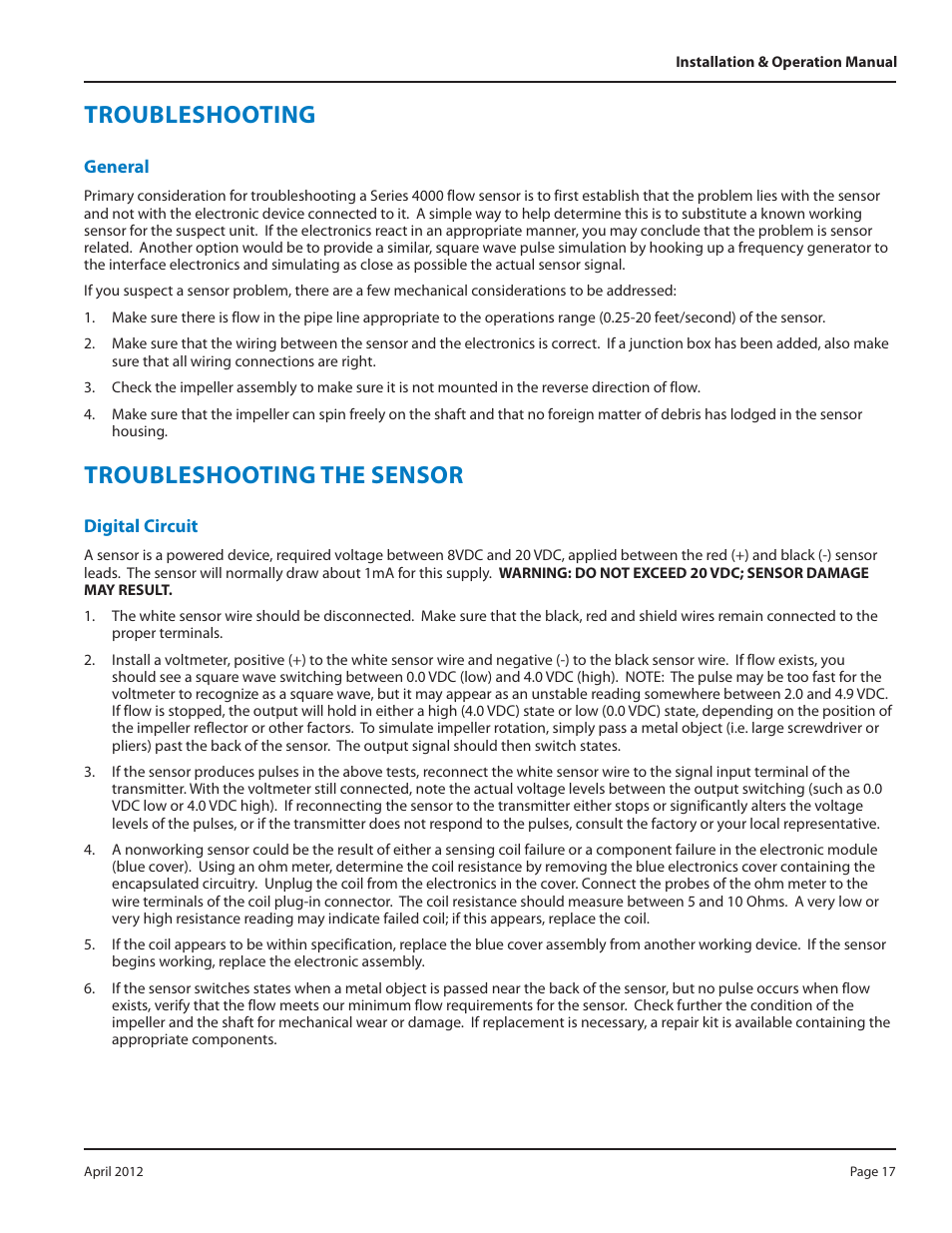 Troubleshooting, Troubleshooting the sensor | Badger Meter Series 4000 Sensor - 1/2, 3/4", 1" User Manual | Page 17 / 20