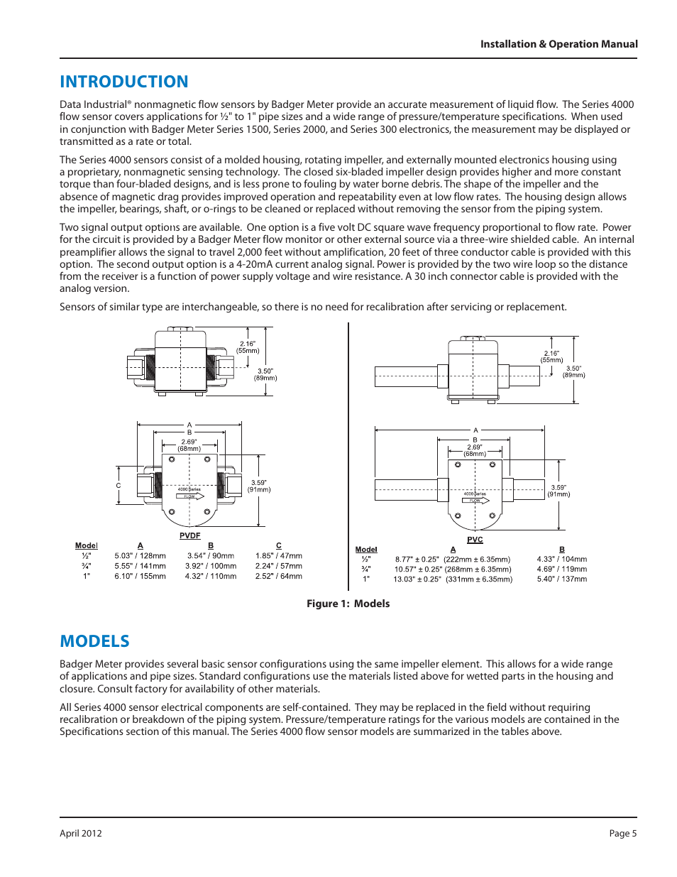 Introduction, Models | Badger Meter Series 4000 Sensor - 1/2, 3/4", 1" User Manual | Page 5 / 20