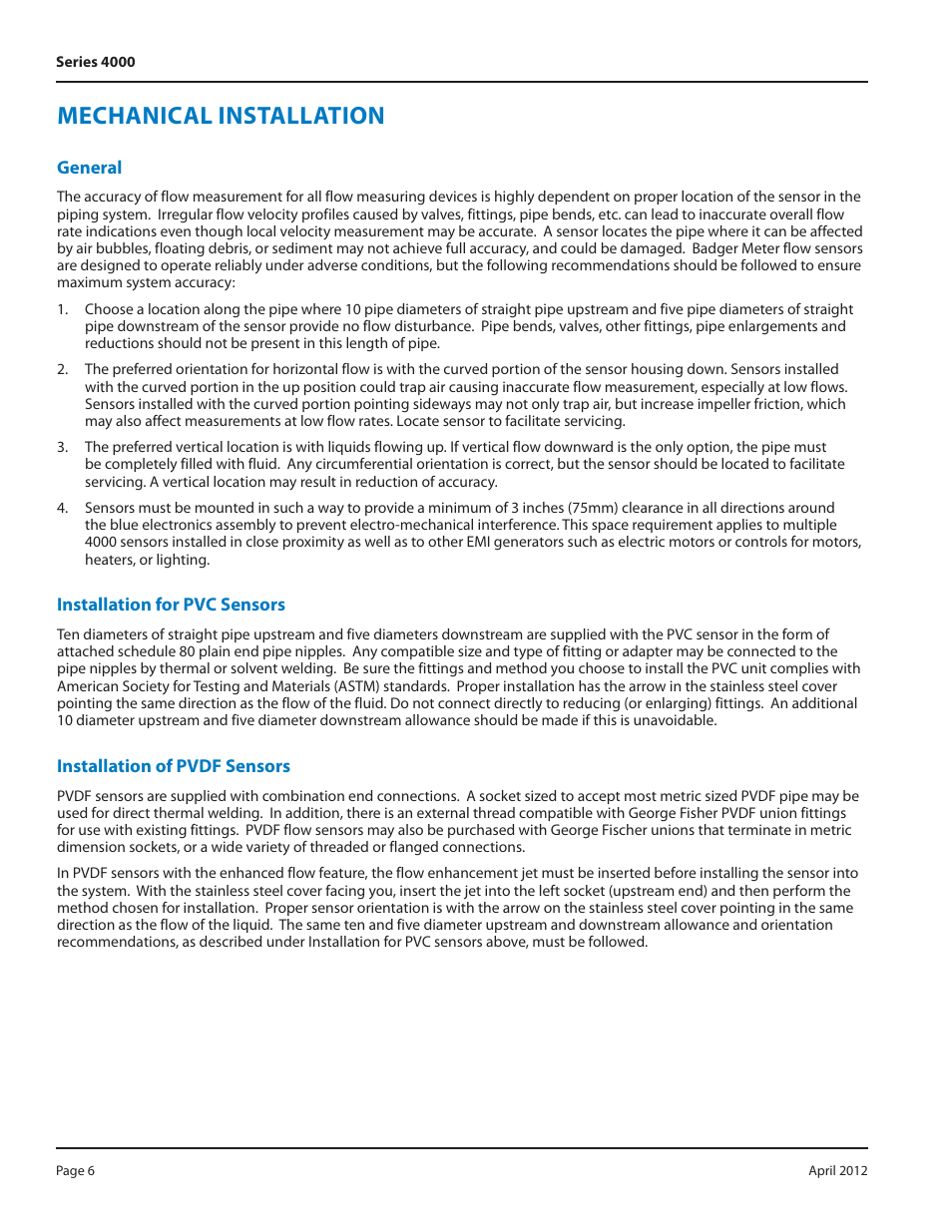 Mechanical installation | Badger Meter Series 4000 Sensor - 1/2, 3/4", 1" User Manual | Page 6 / 20