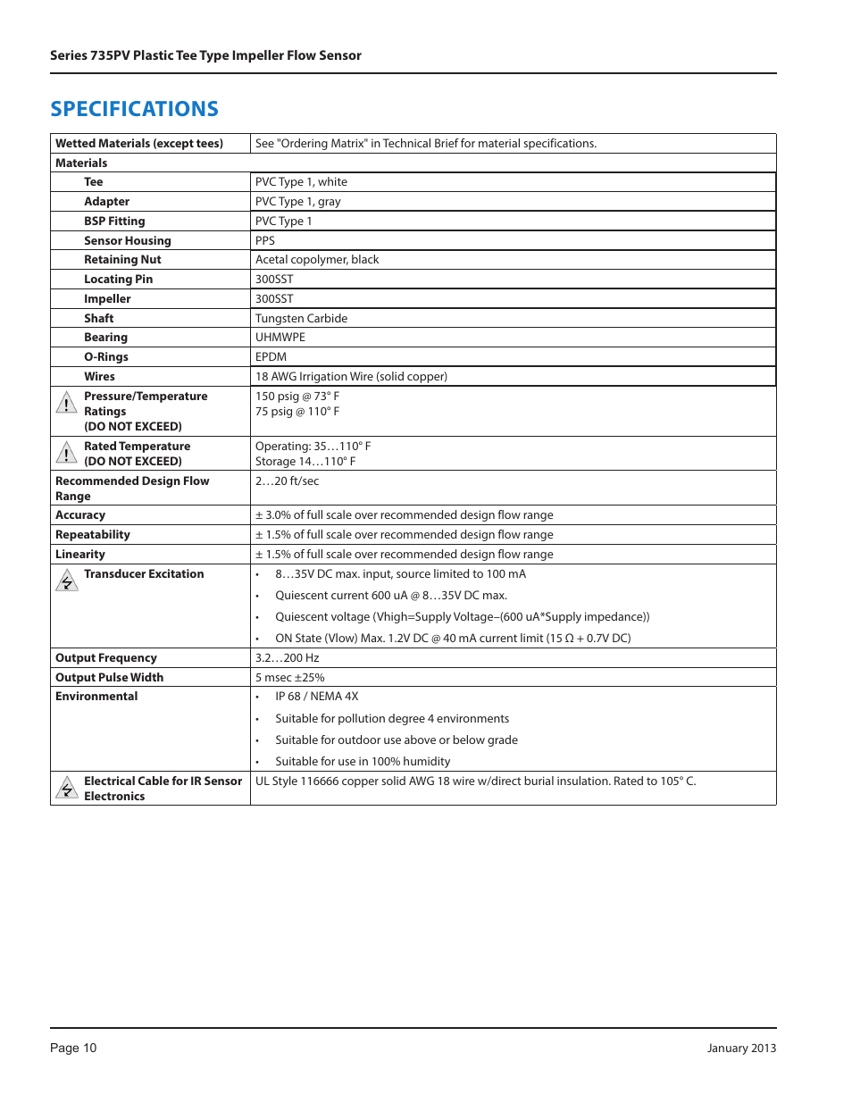 Specifications | Badger Meter Series 735 Sensors User Manual | Page 10 / 12