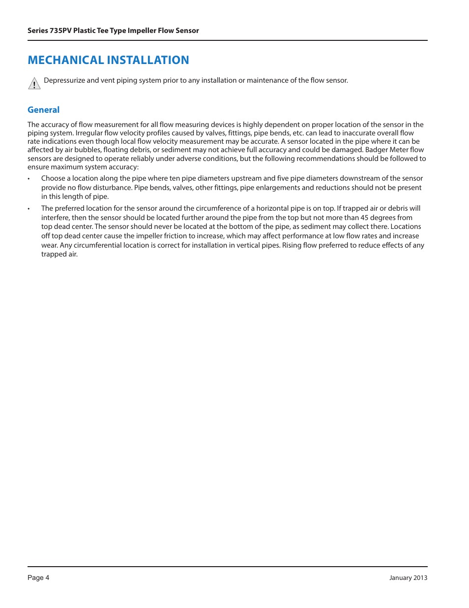 Mechanical installation, General | Badger Meter Series 735 Sensors User Manual | Page 4 / 12