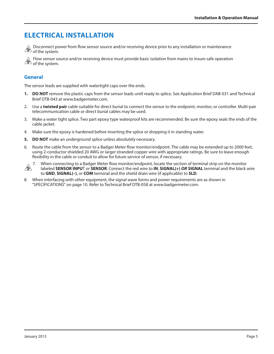 Electrical installation, General | Badger Meter Series 735 Sensors User Manual | Page 5 / 12