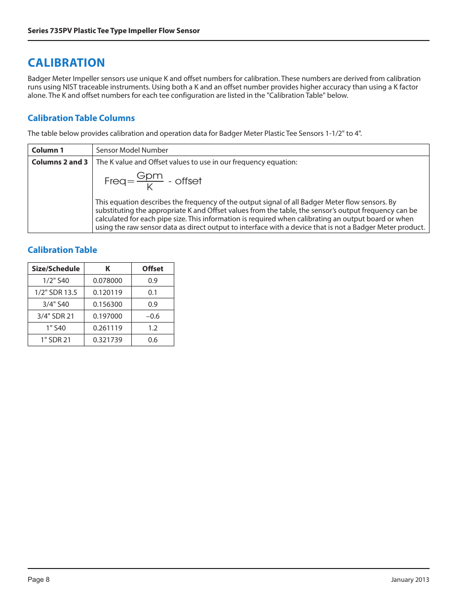 Calibration, Calibration tables, Calibration table for series 735pv | Badger Meter Series 735 Sensors User Manual | Page 8 / 12