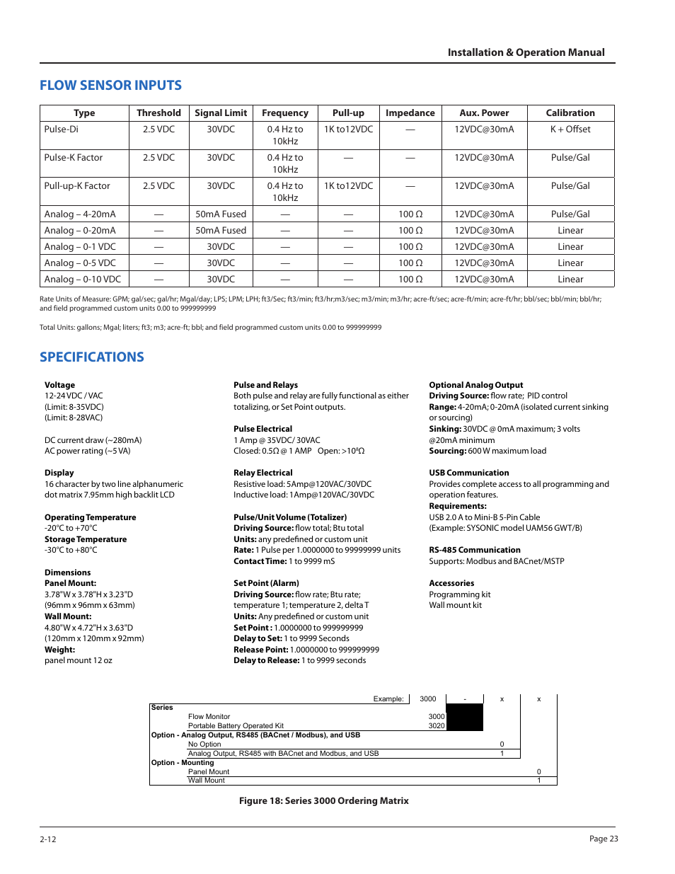Flow sensor inputs, Specifications | Badger Meter 3100 Series Flow Monitor User Manual | Page 23 / 24