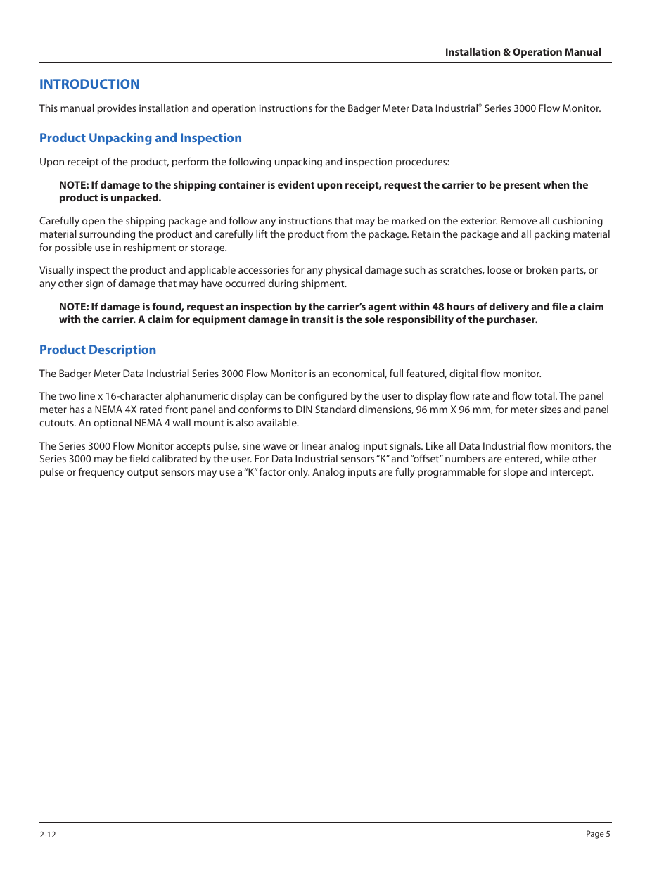 Introduction | Badger Meter 3100 Series Flow Monitor User Manual | Page 5 / 24
