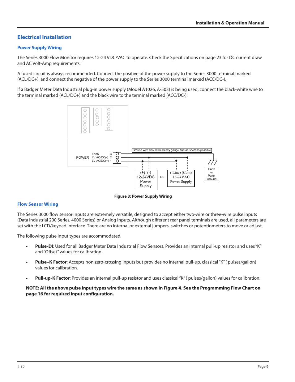 Electrical installation | Badger Meter 3100 Series Flow Monitor User Manual | Page 9 / 24