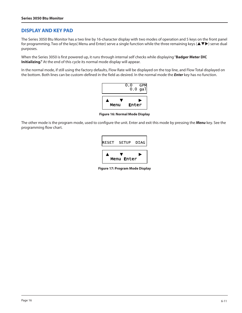 Display and key pad | Badger Meter 3050 Series Btu Monitor User Manual | Page 16 / 32