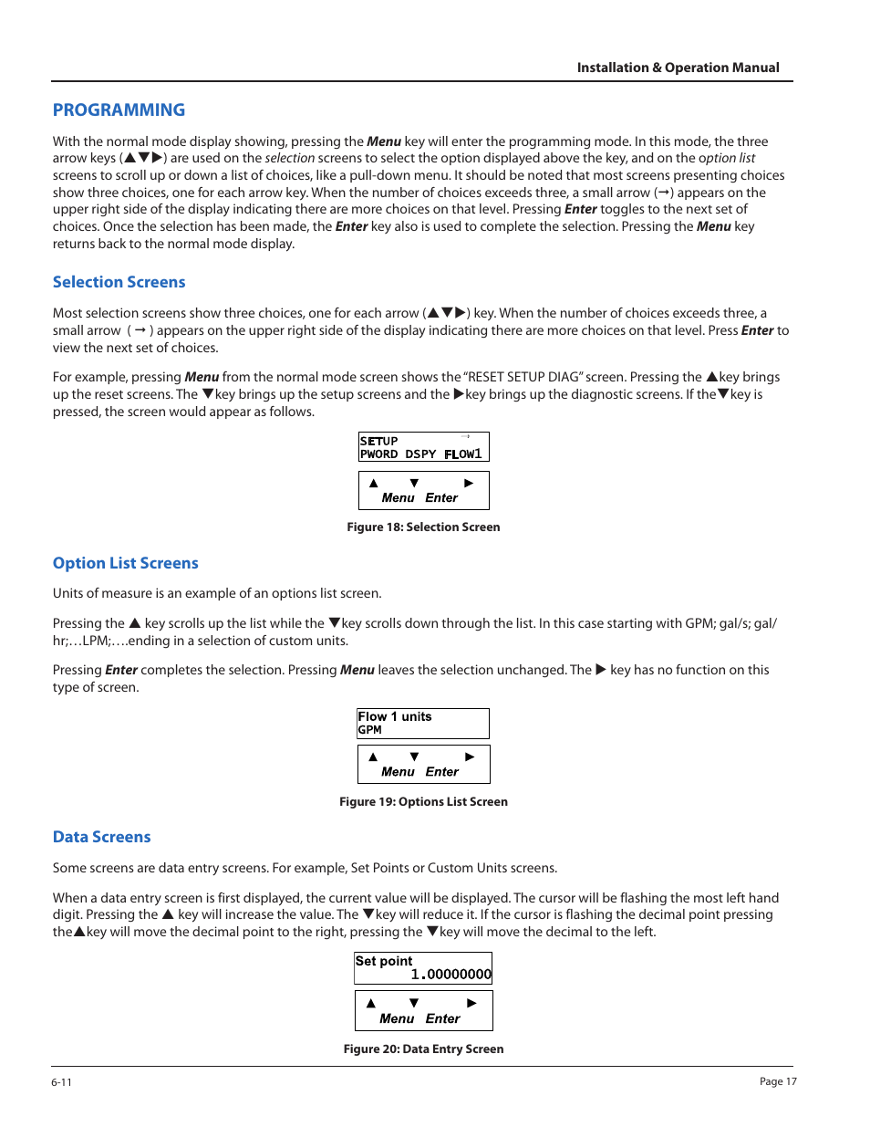 Programming, Selection screens, Option list screens | Data screens | Badger Meter 3050 Series Btu Monitor User Manual | Page 17 / 32