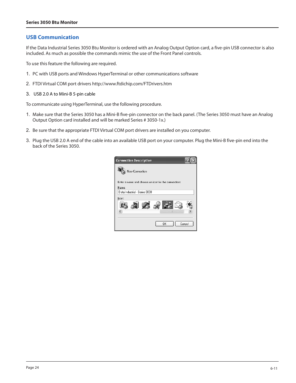 Usb communication | Badger Meter 3050 Series Btu Monitor User Manual | Page 24 / 32