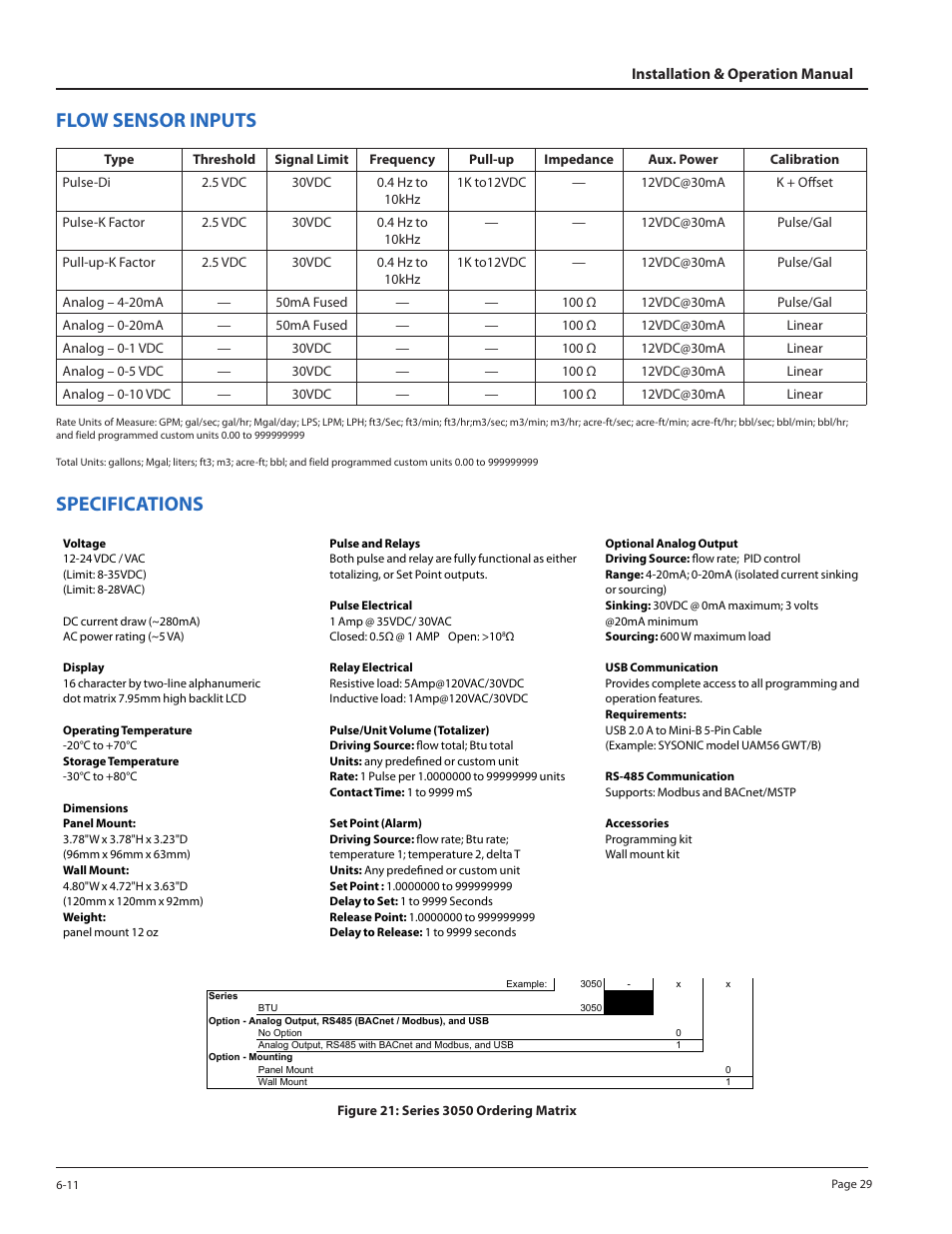 Flow sensor inputs, Specifications | Badger Meter 3050 Series Btu Monitor User Manual | Page 29 / 32