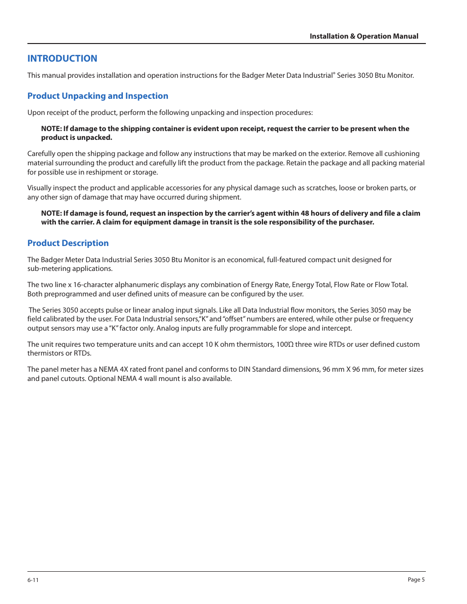 Introduction, Product unpacking and inspection, Product description | Badger Meter 3050 Series Btu Monitor User Manual | Page 5 / 32