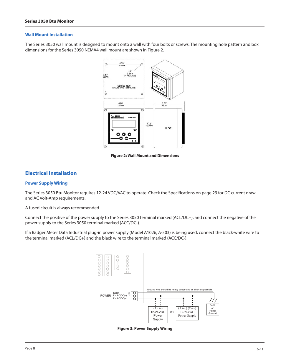 Electrical installation | Badger Meter 3050 Series Btu Monitor User Manual | Page 8 / 32
