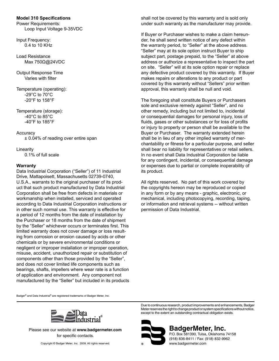 Badgermeter, inc | Badger Meter Series 310 Analog Transmitter User Manual | Page 4 / 4