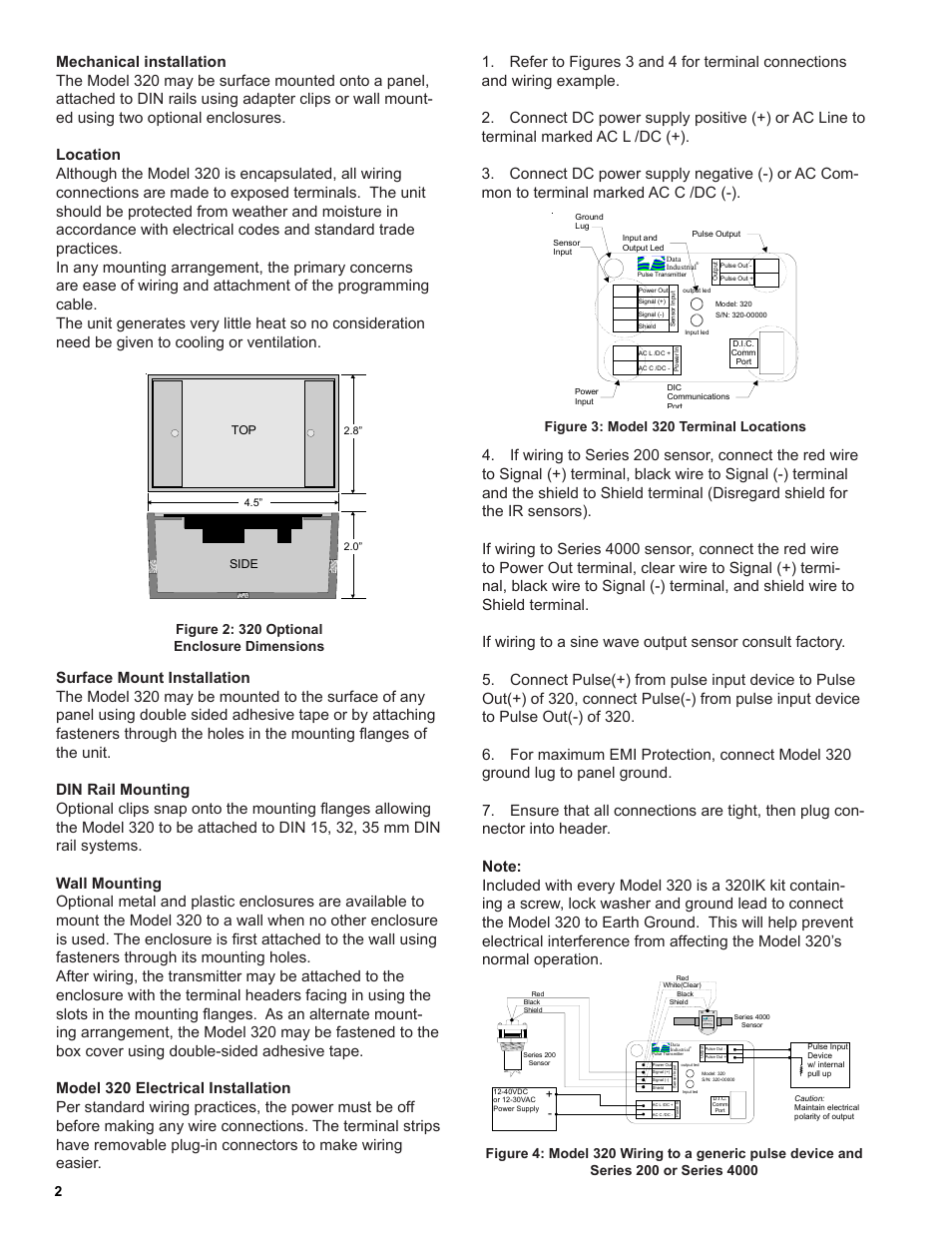 By data industrial, Data industrial, Location | Surface mount installation, Din rail mounting, Wall mounting, Figure 1: model 320 dimensions, Figure 3: model 320 terminal locations, 4000 series flow, Figure 2: 320 optional enclosure dimensions | Badger Meter Series 320 Pulse Transmitter User Manual | Page 2 / 4