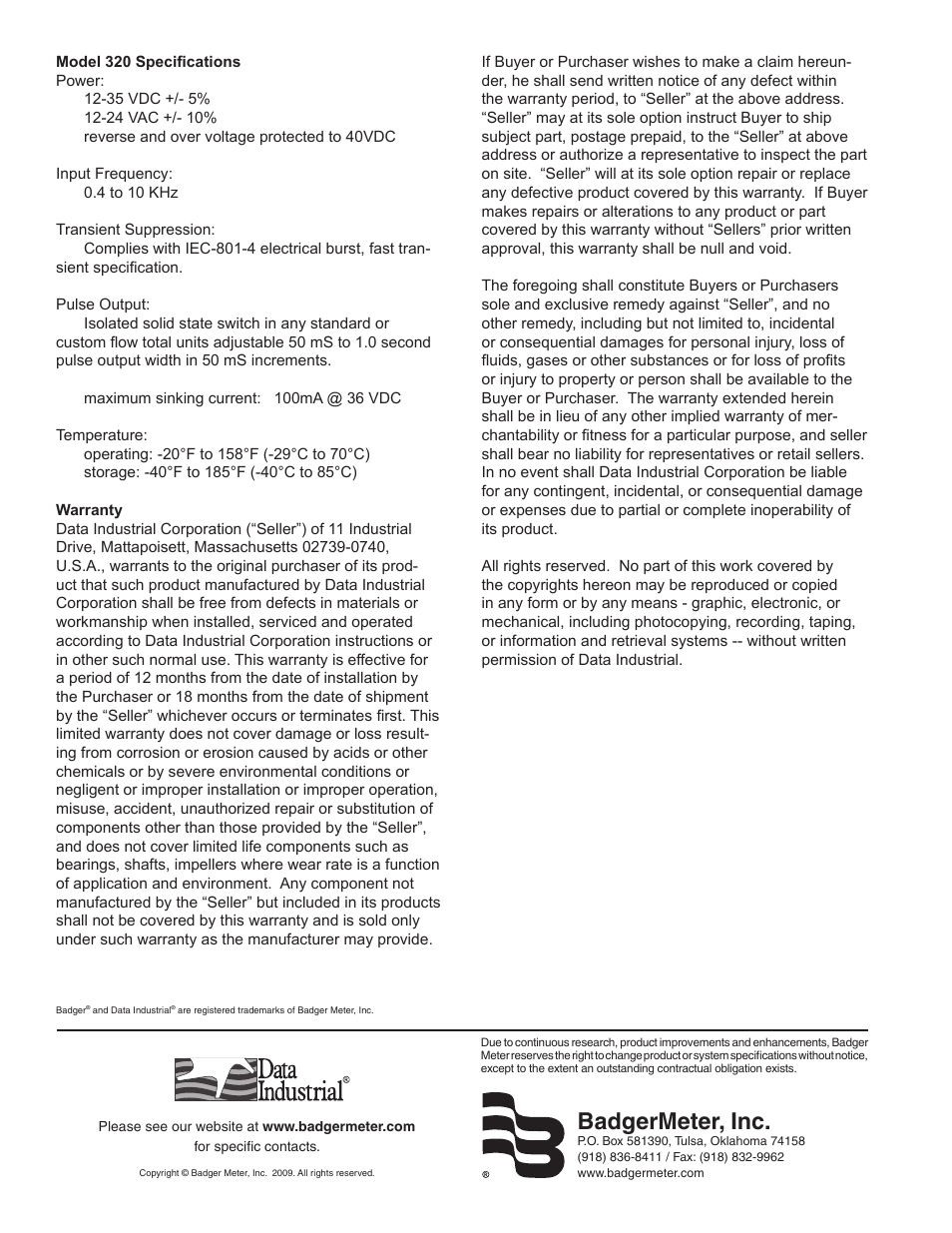 Badgermeter, inc | Badger Meter Series 320 Pulse Transmitter User Manual | Page 4 / 4