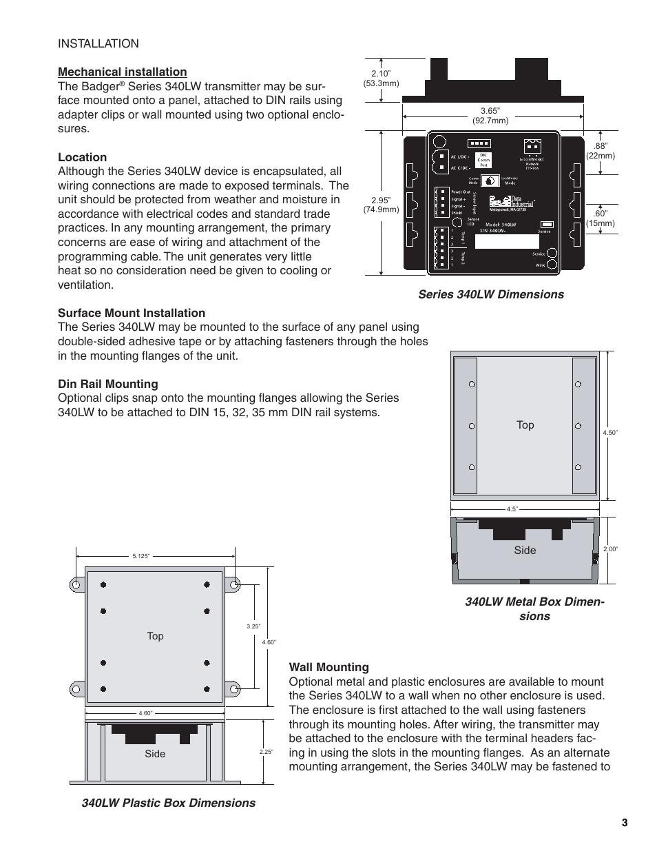 Installation mechanical installation the badger, 340lw plastic box dimensions | Badger Meter 340LW Series Lonworks Btu Transmitter User Manual | Page 3 / 15