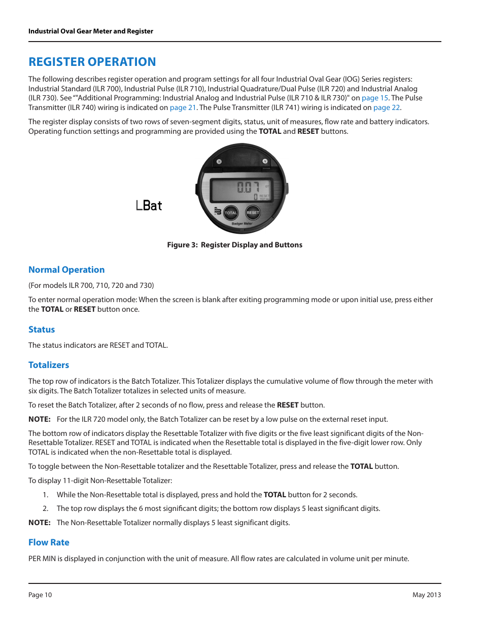 Register operation, Normal operation, Status | Totalizers, Flow rate | Badger Meter Model IOG User Manual | Page 10 / 24