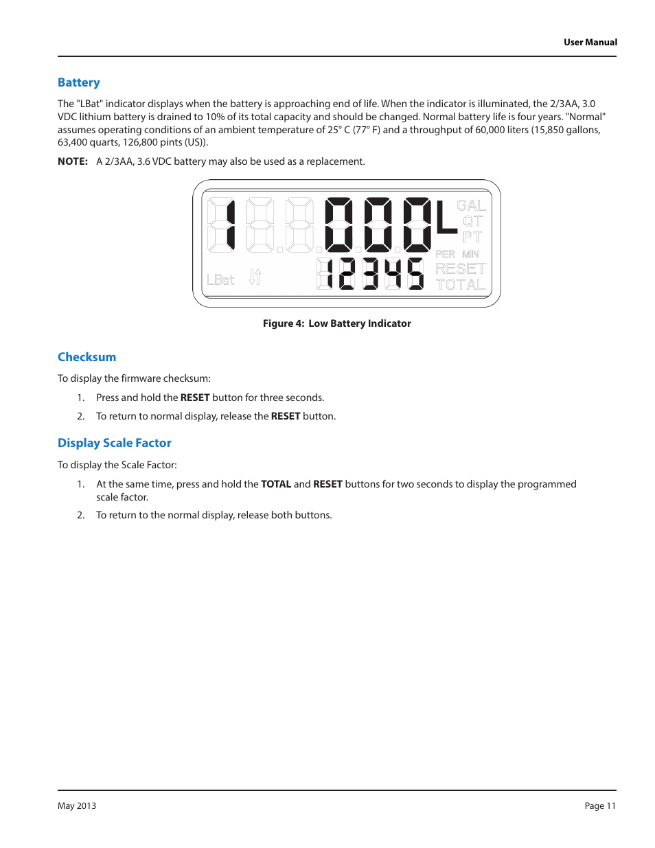 Battery, Checksum, Display scale factor | Badger Meter Model IOG User Manual | Page 11 / 24