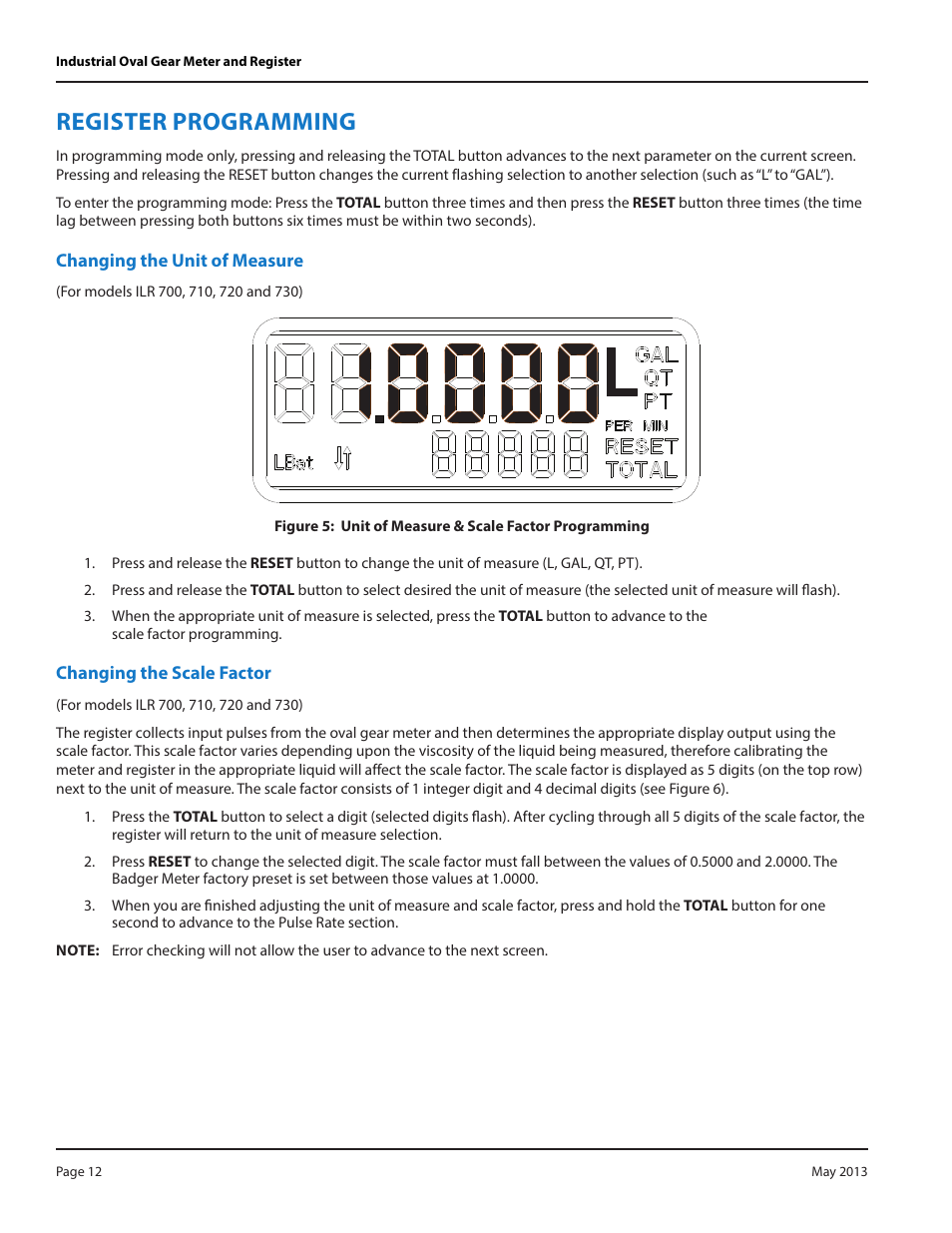 Register programming, Changing the unit of measure, Changing the scale factor | Badger Meter Model IOG User Manual | Page 12 / 24