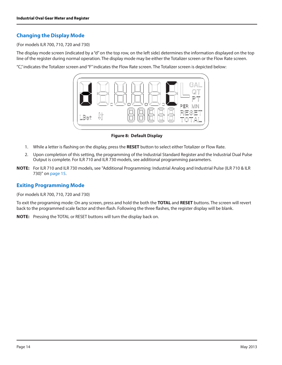 Changing the display mode, Exiting programming mode | Badger Meter Model IOG User Manual | Page 14 / 24