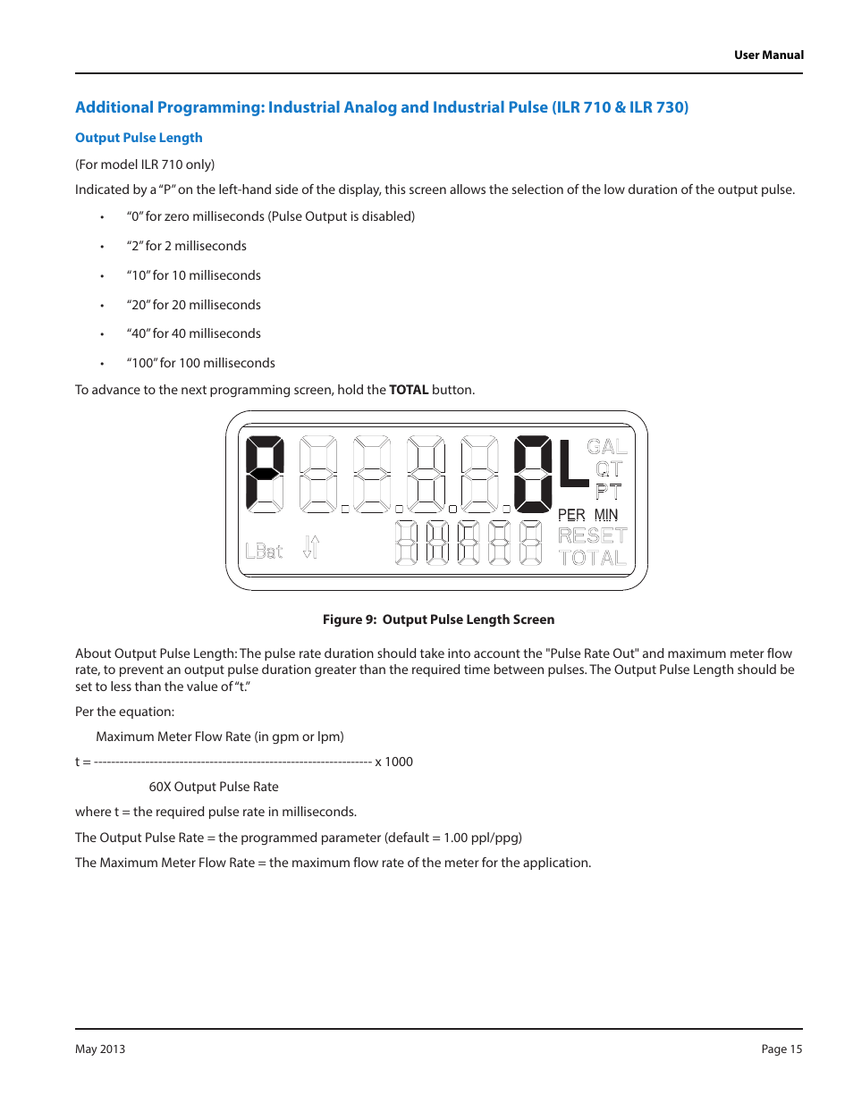 Output pulse length, Ulse (ilr 710 & ilr 730)" on | Badger Meter Model IOG User Manual | Page 15 / 24