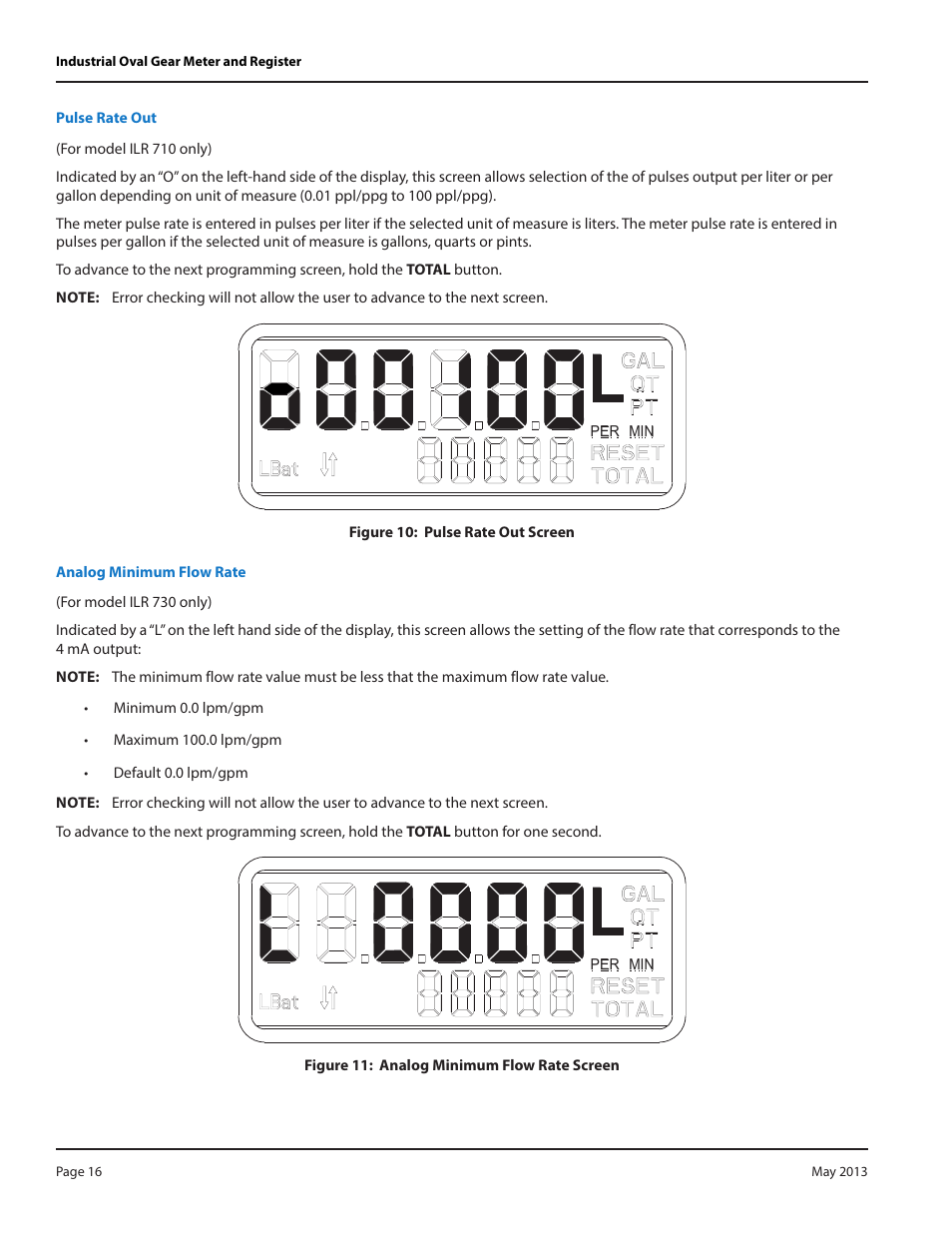 Pulse rate out, Analog minimum flow rate | Badger Meter Model IOG User Manual | Page 16 / 24