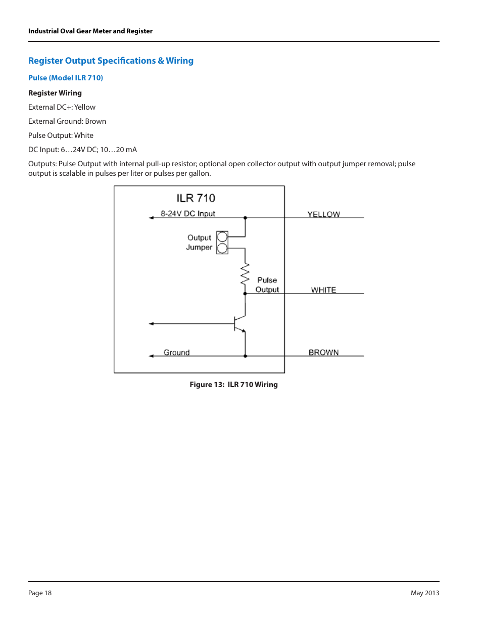 Register output specifications & wiring, Pulse (model ilr 710) | Badger Meter Model IOG User Manual | Page 18 / 24