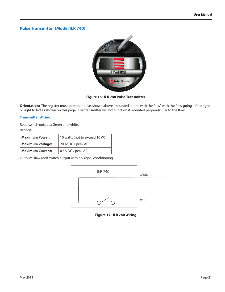 Pulse transmitter (model ilr 740), Transmitter wiring | Badger Meter Model IOG User Manual | Page 21 / 24